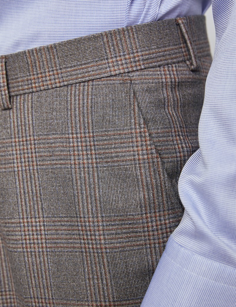 Men's Brown & Orange Prince Of Wales Check Tailored Fit Italian Suit Trousers - 1913 Collection