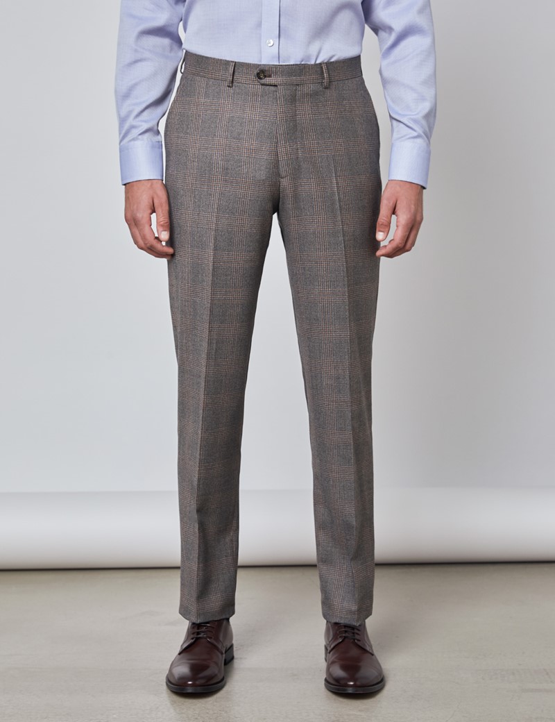 Men's Brown & Orange Prince Of Wales Plaid Tailored Fit Italian Suit Pants - 1913 Collection
