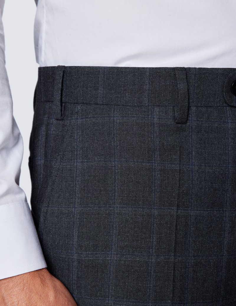 Men's Charcoal & Blue Windowpane Check Classic Fit Suit Trousers