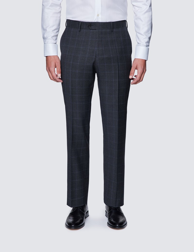 Men's Charcoal & Blue Windowpane Check Slim Fit Suit Trousers