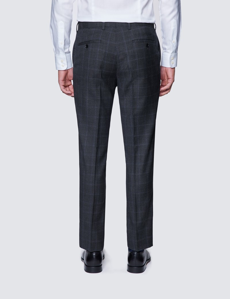 Men's Charcoal & Blue Windowpane Check Slim Fit Suit Trousers