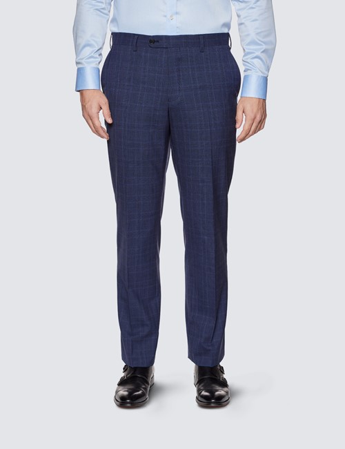 Anzughose – Classic Fit – 120s Wolle – ohne Bundfalte – ungesäumt – blau Prince Of Wales Karo