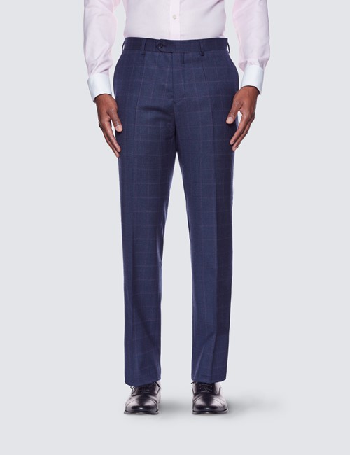 Anzughose – Slim Fit – 120s Wolle – Ungesäumt – blau lila Windowpane Karo