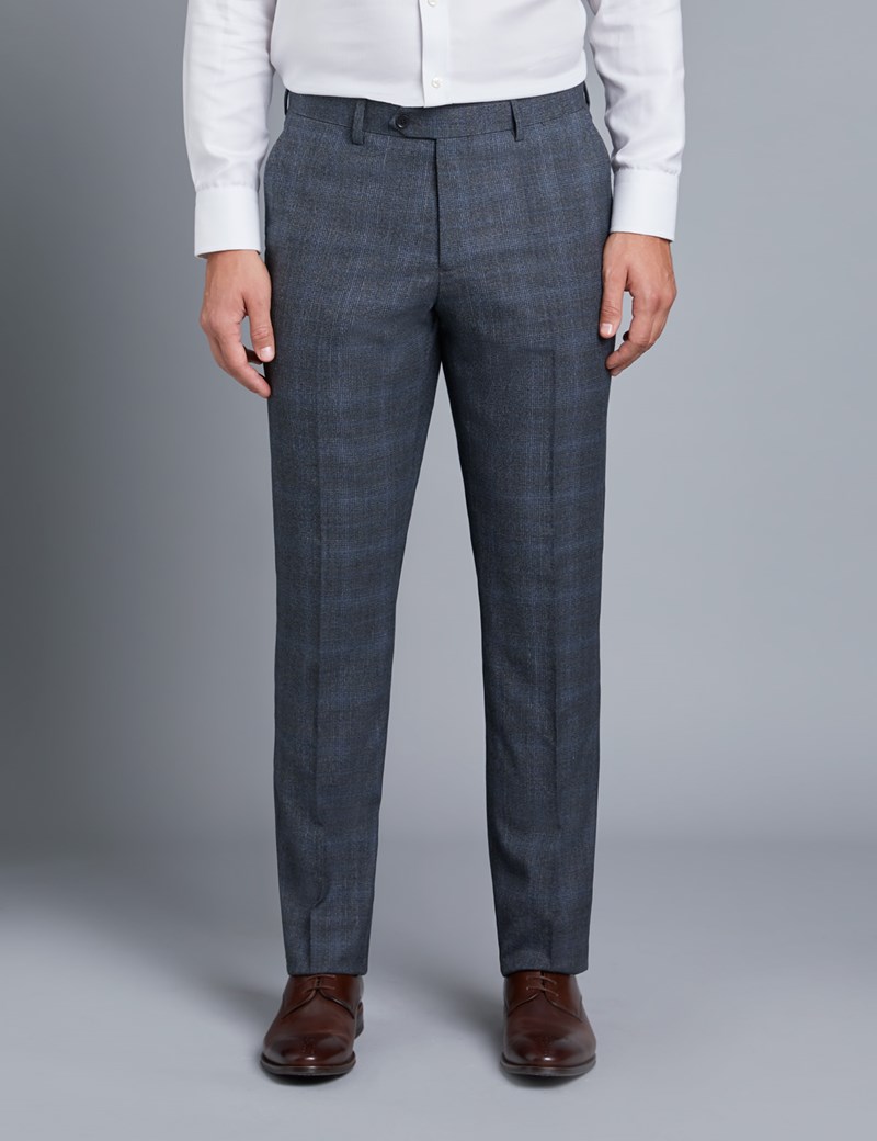 Men's Grey & Blue Check Slim Fit Flannel Suit Trousers | Hawes & Curtis