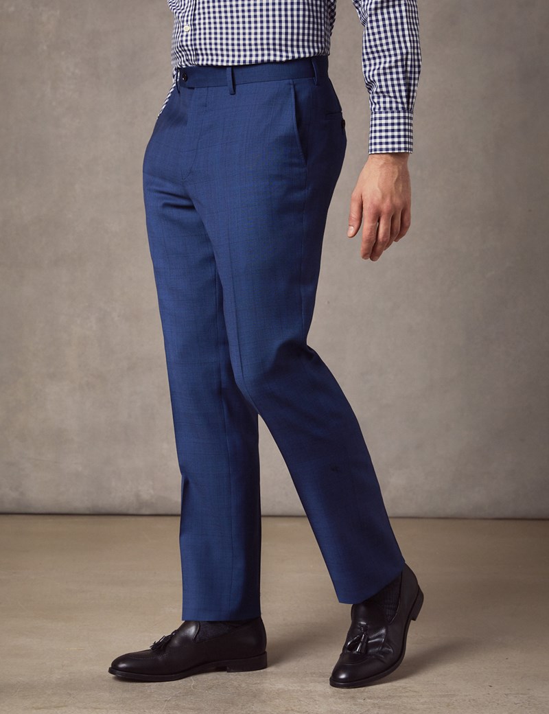 Men's Indigo Prince of Wales Plaid Slim Fit Suit Pants