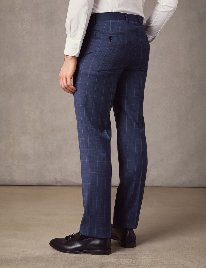 Men's Mid Blue End On End Plaid Slim Fit Suit Pants | Hawes & Curtis