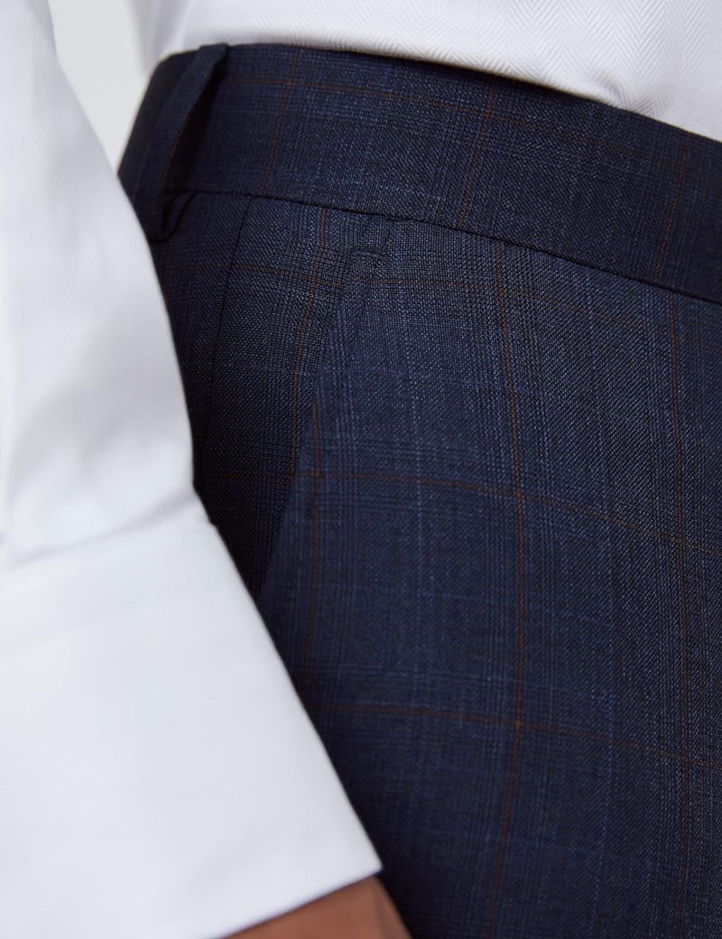 Men's Navy & Brown Windowpane Plaid Slim Fit Suit Pants