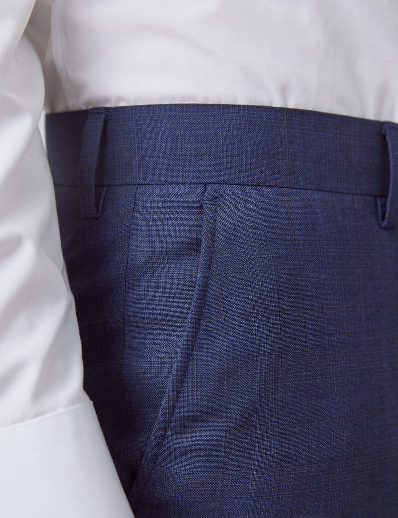 Men's Blue & Brown Overcheck Slim Fit Suit Trousers