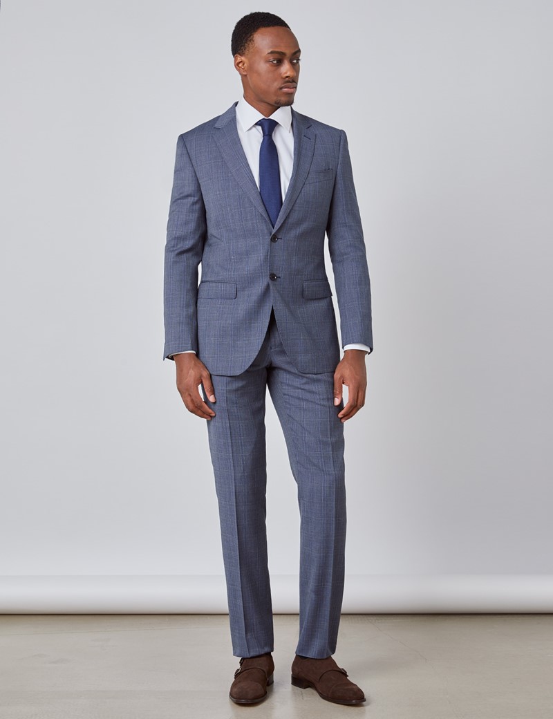 Men's Blue Tonal Check Slim Fit Suit Trousers