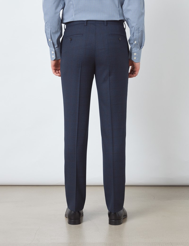 Anzughose – Slim Fit – Navy Braun Karo – 100s Wolle – Ohne Bundfalte – Ungesäumt