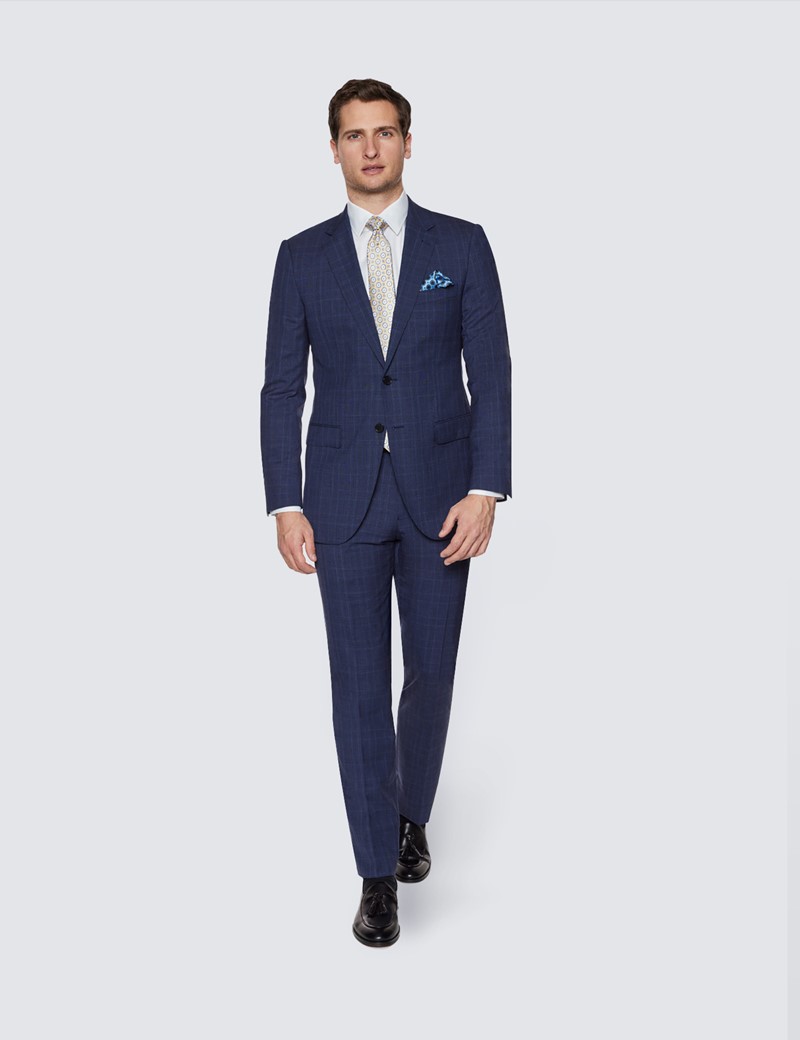 Men's Navy Prince of Wales Tonal Check Slim Fit Suit Trousers