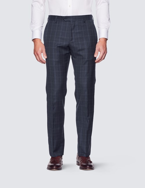 Men's Dark Blue Windowpane Check Slim Fit Suit Trousers