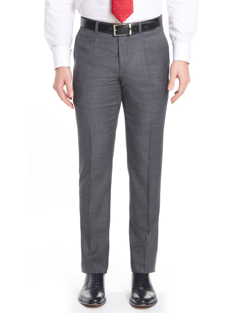 Men's Charcoal Grey Windowpane Plaid Slim Fit Pants | Hawes & Curtis