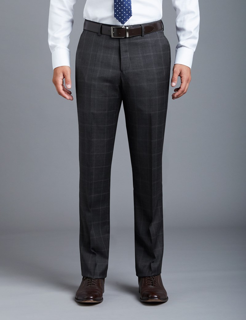 Men's Charcoal Grey Overcheck Slim Fit Suit Trousers | Hawes & Curtis