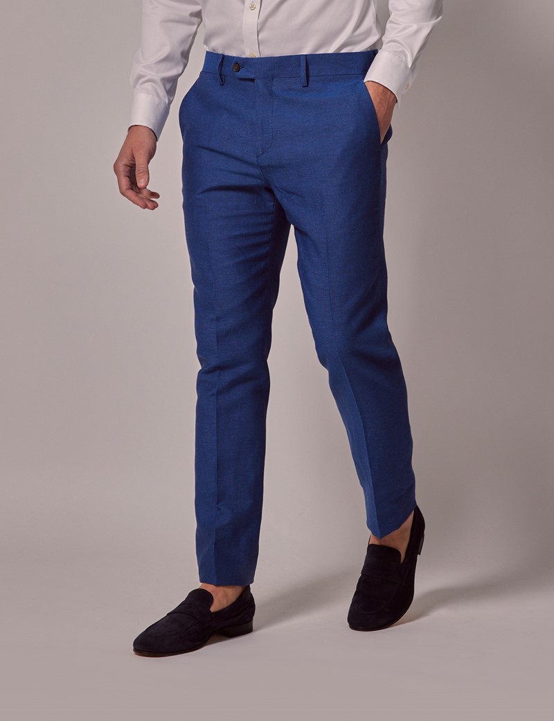 Men's Royal Blue Italian Cotton Linen Slim Suit Pants - 1913