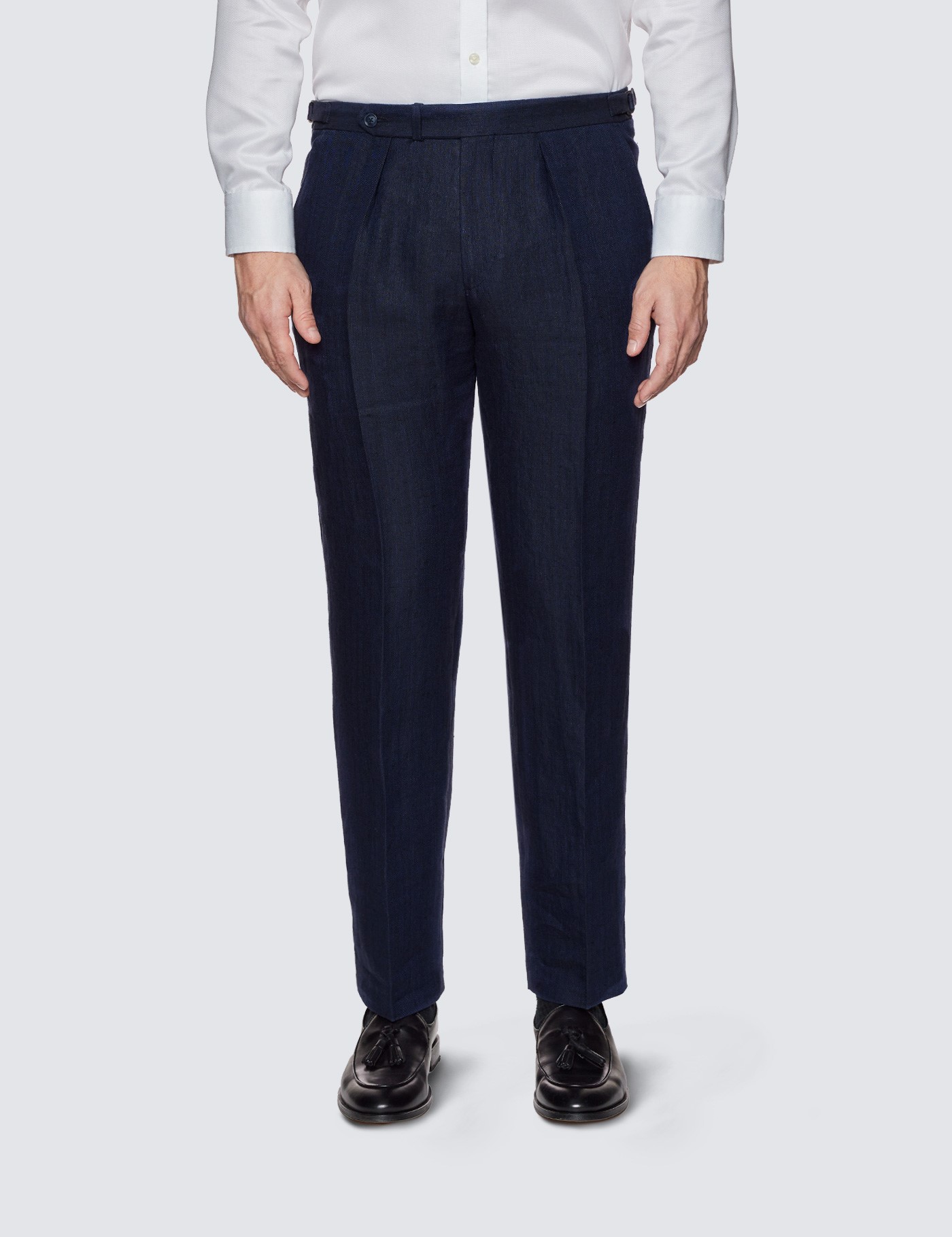 Men's Navy Herringbone Tailored Fit Linen Italian Pleated Suit Trousers ...