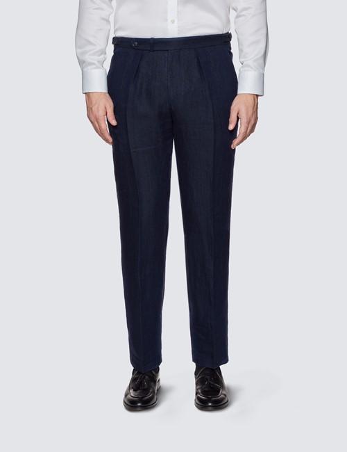 Men's Navy Herringbone Tailored Fit Linen Italian Pleated Suit Pants – 1913 Collection 