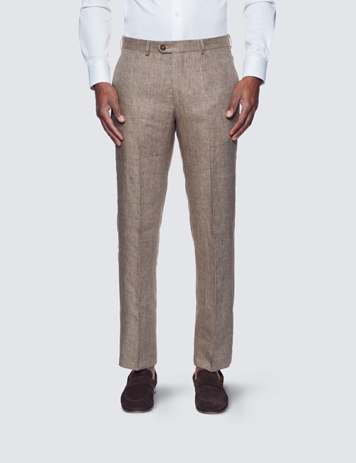 Men's Brown Linen Slim Fit Italian Suit Pants - 1913 Collection 