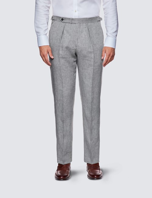 Men's Grey Linen Slim Fit Italian Suit Pants - 1913 Collection 