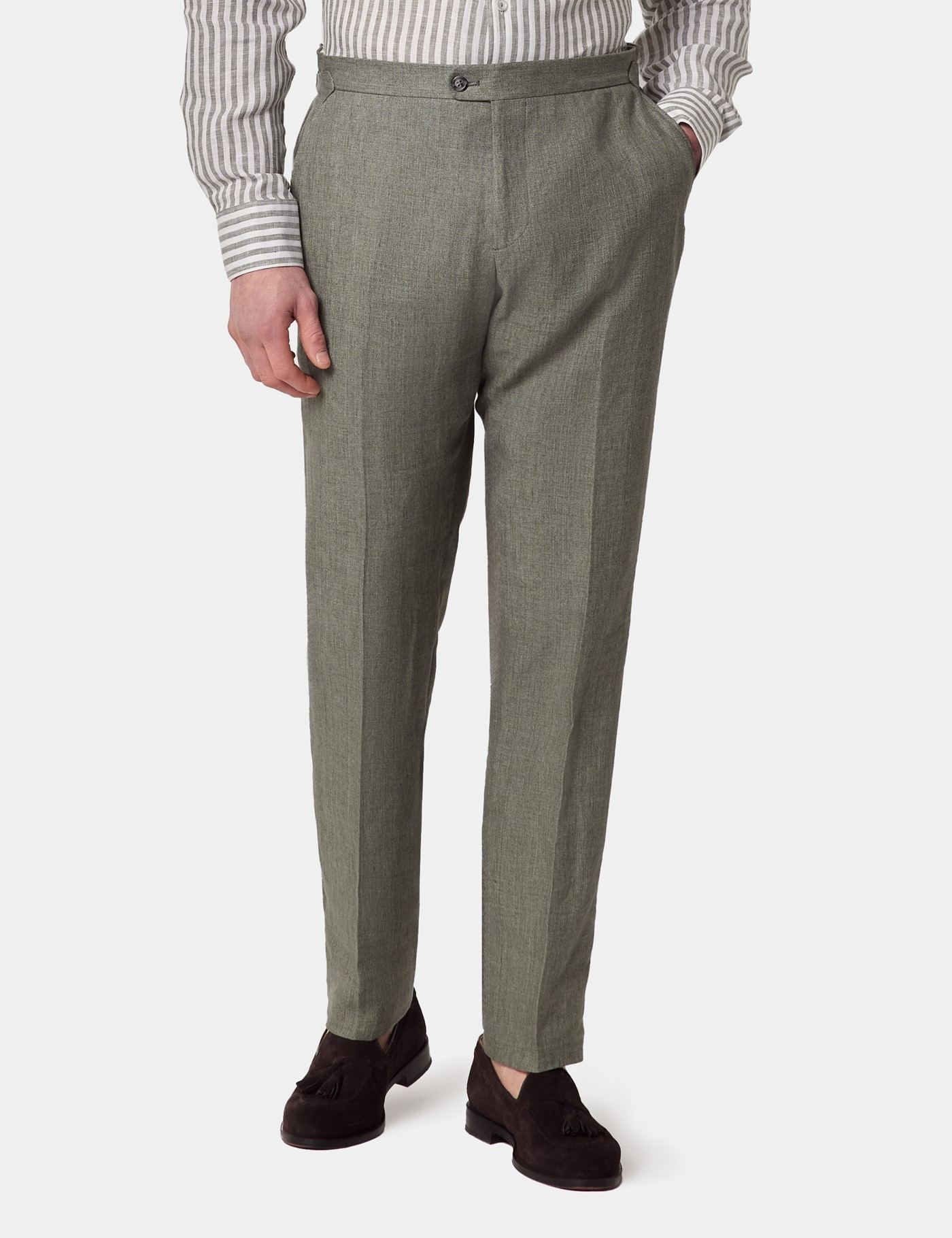 & Slim Fit Sage Green Herringbone 1913 Suit Trousers Side Adjusters 32"