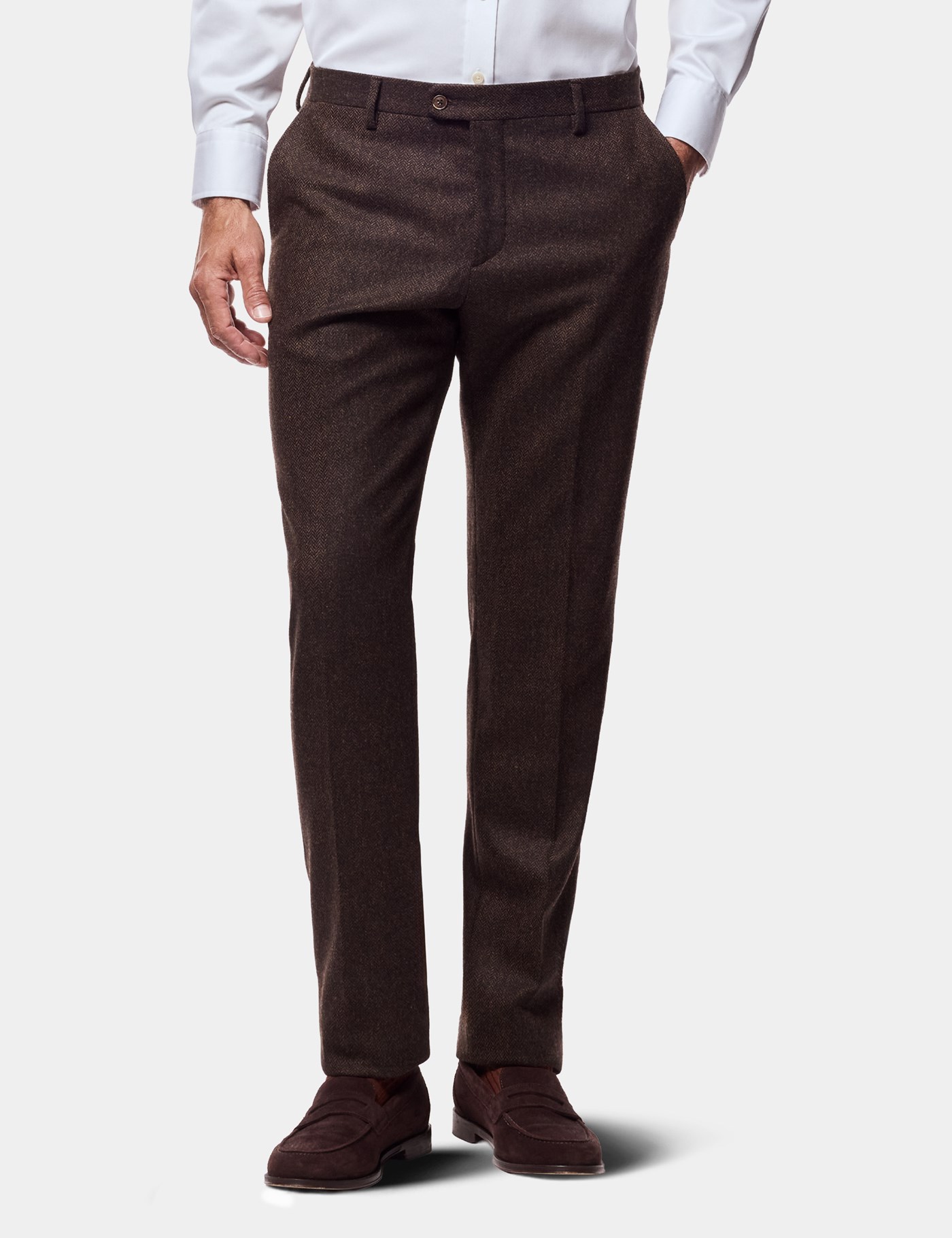 Hawes & Curtis Slim Fit Brown Herringbone 1913 Suit Trousers Size: 34-UNHEM