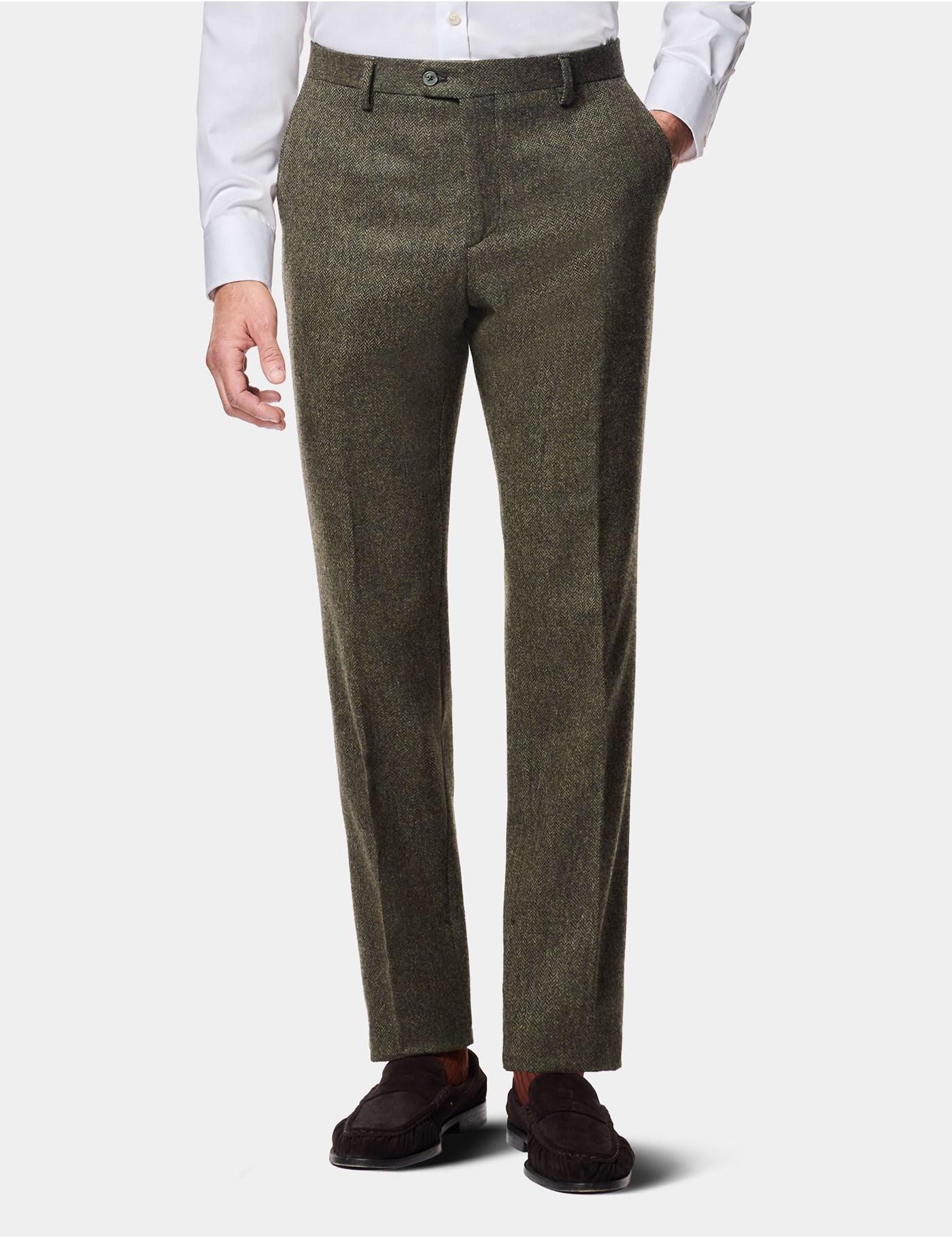Hawes & Curtis Slim Fit Green Herringbone 1913 Suit Trousers Size: 32-UNHEM