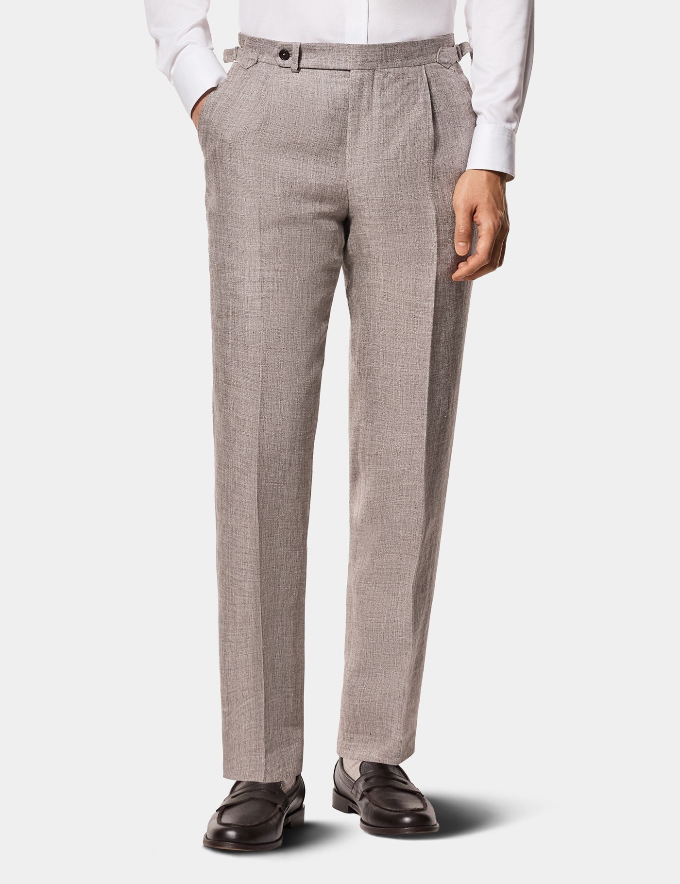 Hawes & Curtis Tailored Fit Brown Melange 1913 Linen Pleated Suit Trousers With Side Adjusters Size: 38" (EU 54)