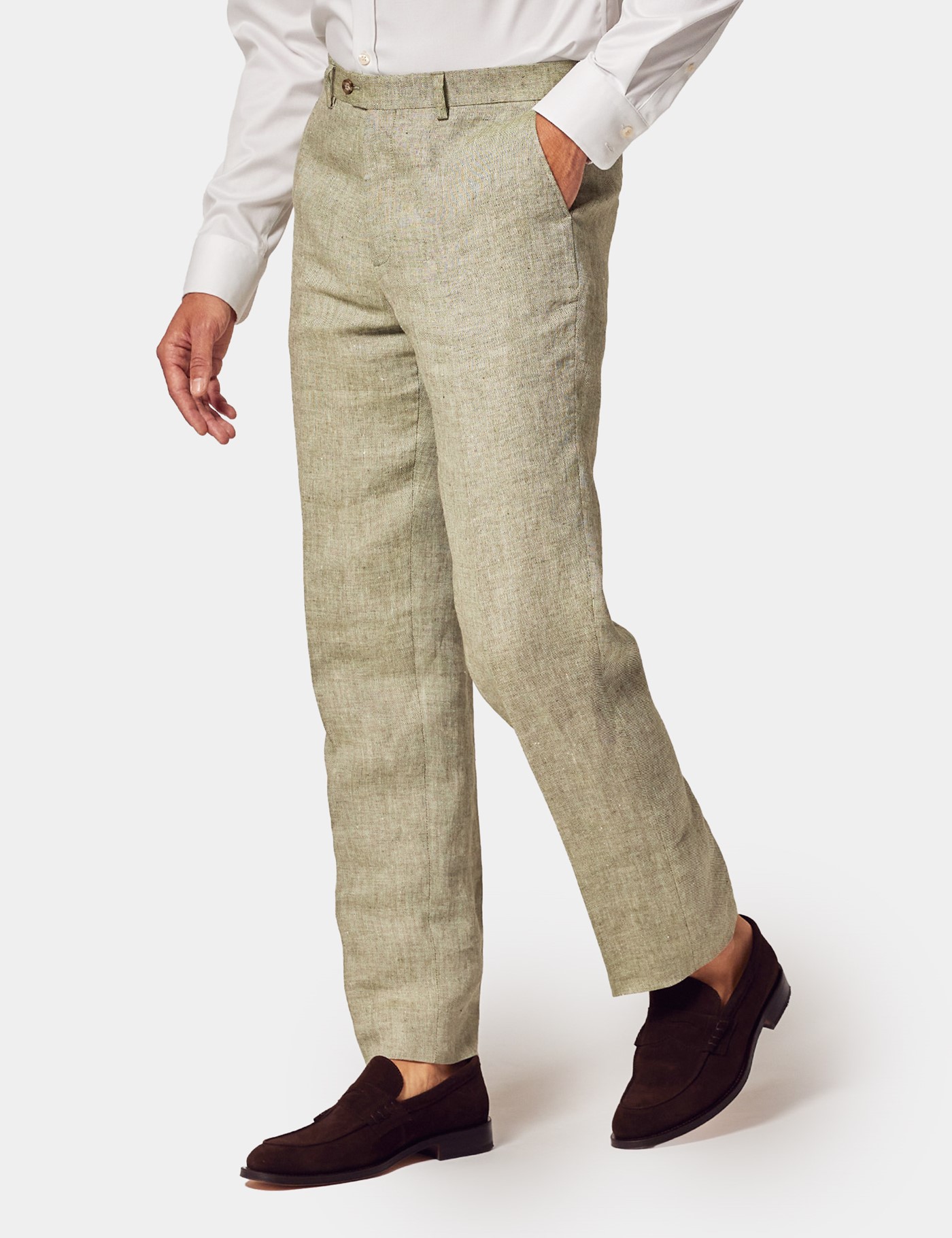 Hawes & Curtis Tailored Fit Green 1913 Linen Trousers Size: 44-UNHEM