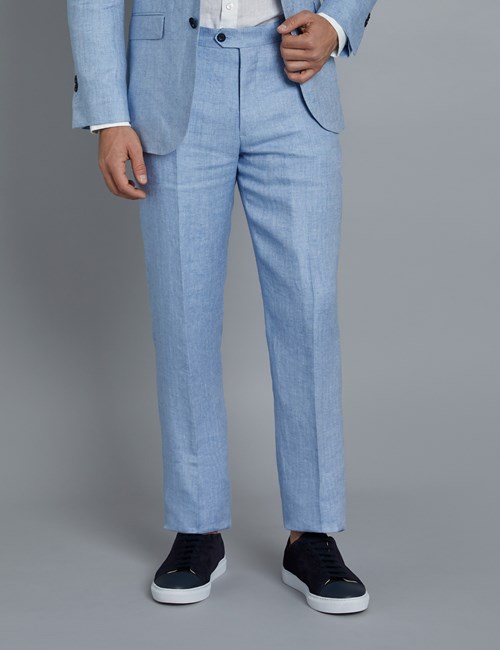 Men's Light Blue Herringbone Linen Tailored Fit Italian Suit Trousers- 1913 Collection