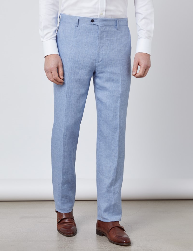 Men's Light Blue Herringbone Linen Tailored Fit Italian Suit Pants ...