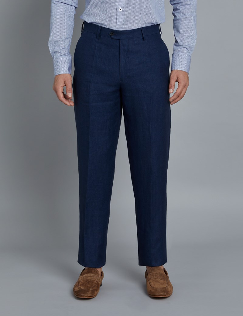 Men's Royal Blue Herringbone Tailored Fit Linen Trousers – 1913 ...