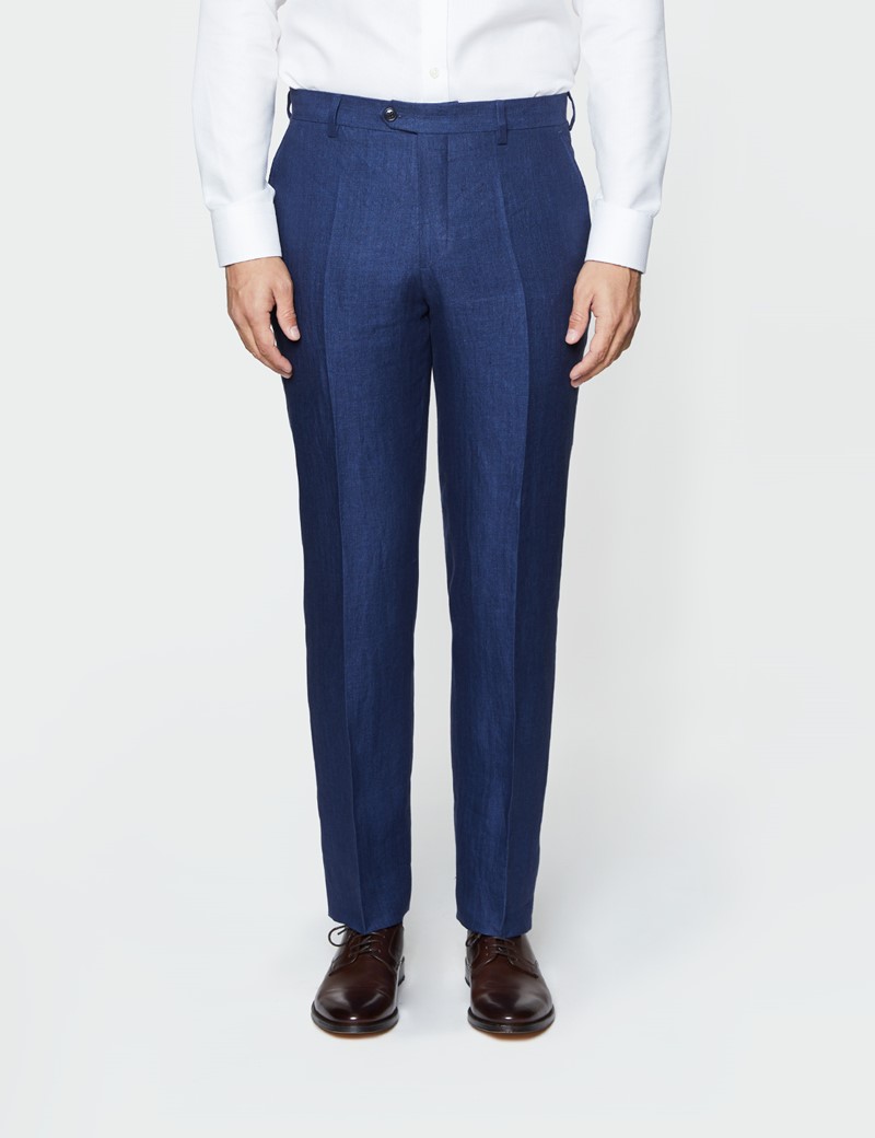 Men's Royal Blue Herringbone Tailored Fit Linen Pants – 1913 Collection ...