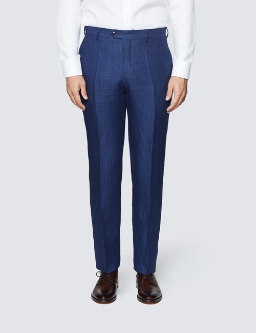 Men's Royal Blue  Herringbone Tailored Fit Linen Pants – 1913 Collection 