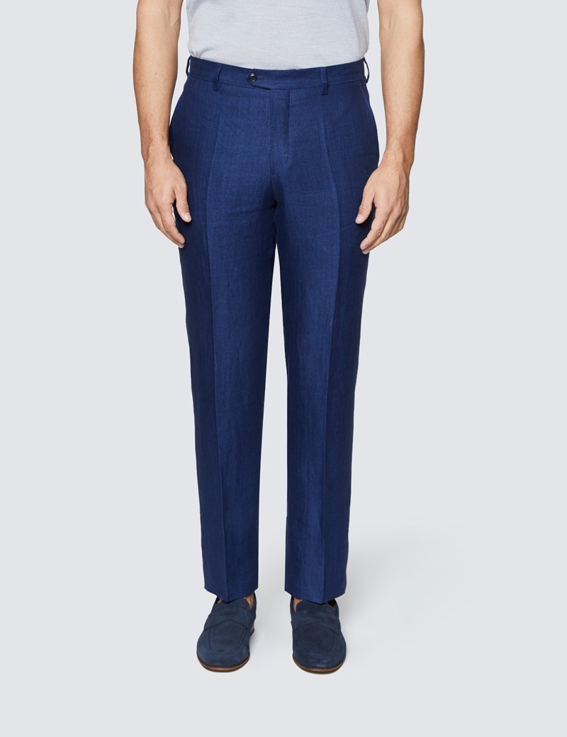 Men's Royal Blue  Herringbone Tailored Fit Linen Trousers – 1913 Collection 
