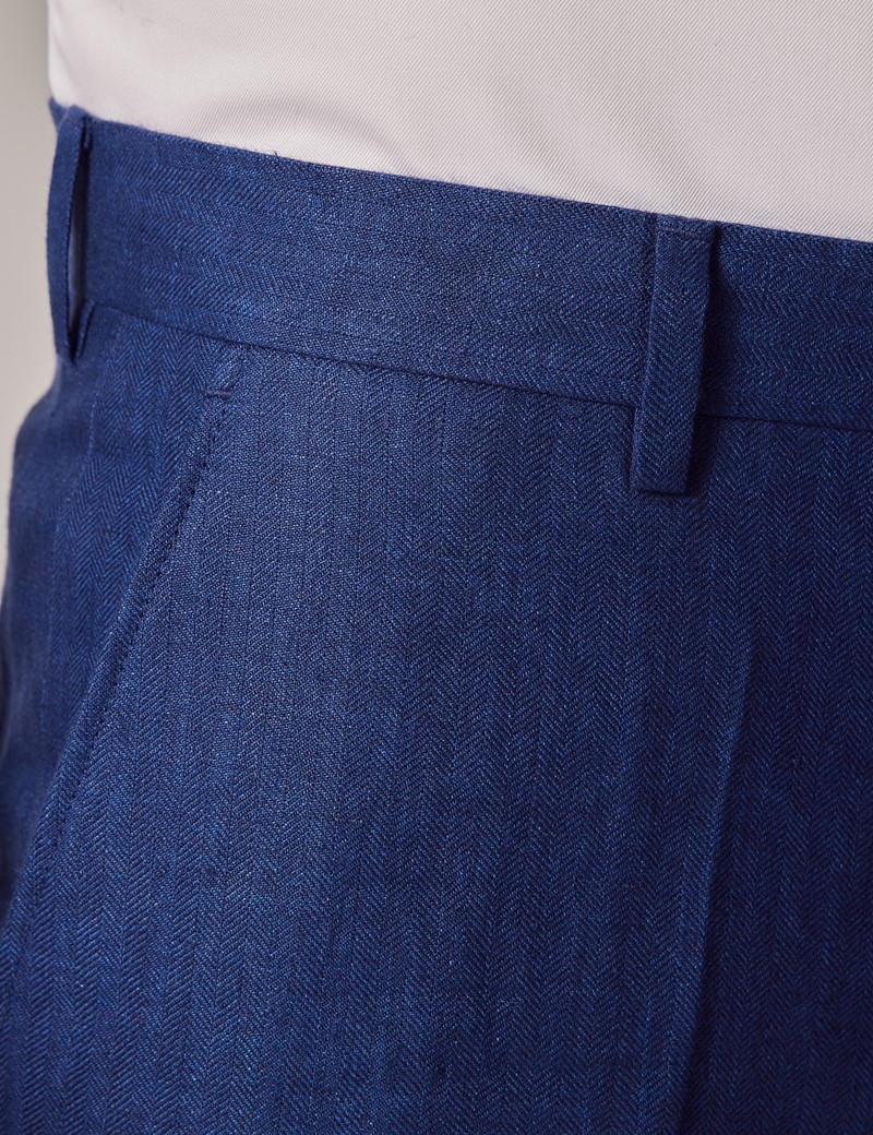 Light blue herringbone linen-cotton high waisted pleated lightweight  Trousers