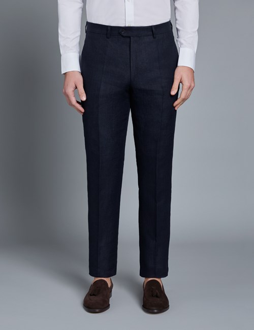 Anzughose - Tailored Fit - Fischgrat marineblau - 100% Leinen - ohne Bundfalte - Vorderhose gefüttert - ungesäumt