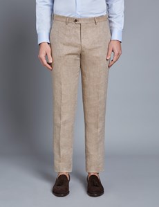 Men's Beige Herringbone Tailored Fit Linen Italian Suit Trousers – 1913 ...