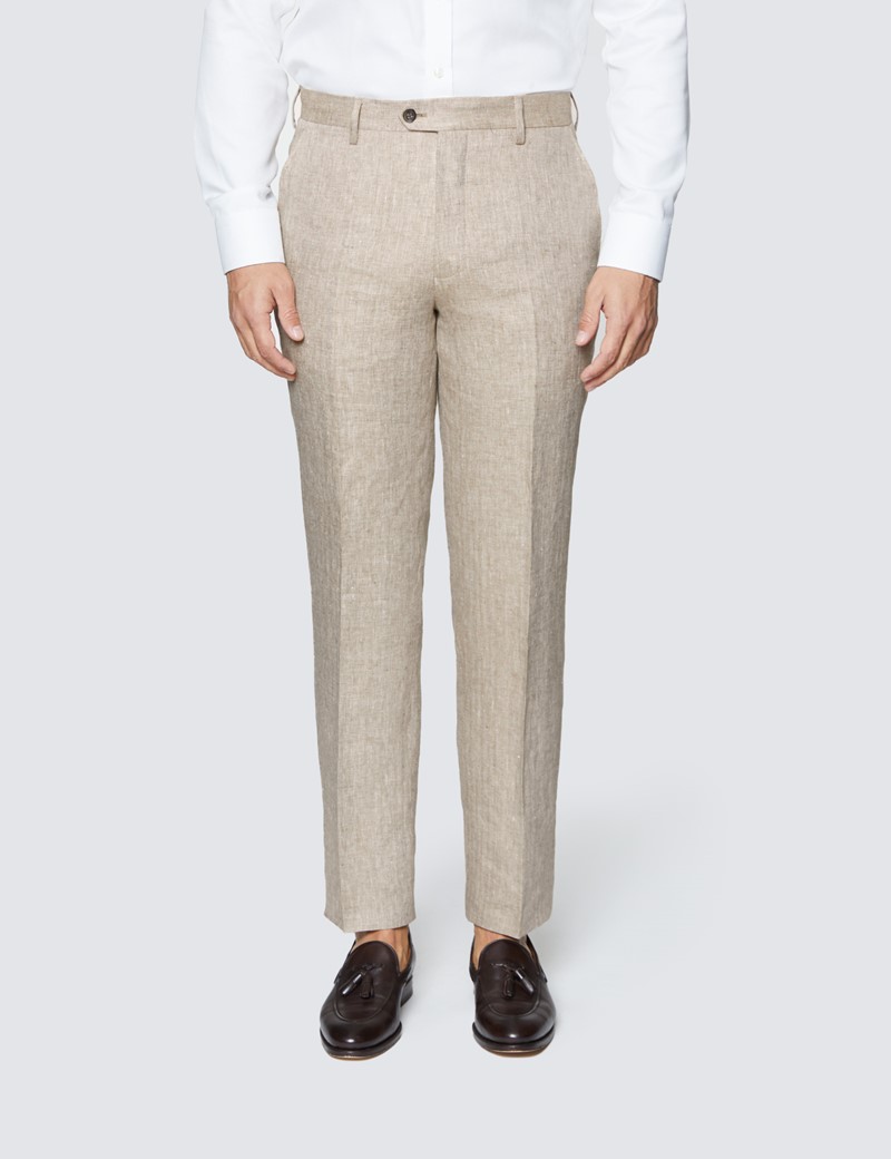 Men's Beige Herringbone Tailored Fit Linen Italian Suit Trousers – 1913 Collection 