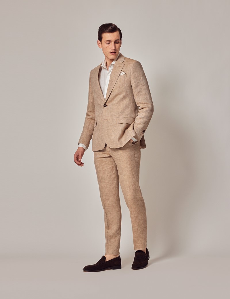 Beige Herringbone Tailored Linen Italian Suit Trousers – 1913 Collection