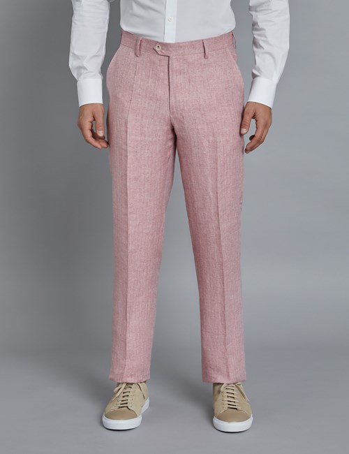 Men's Pink Herringbone Linen Tailored Fit Italian Suit Trousers - 1913 Collection
