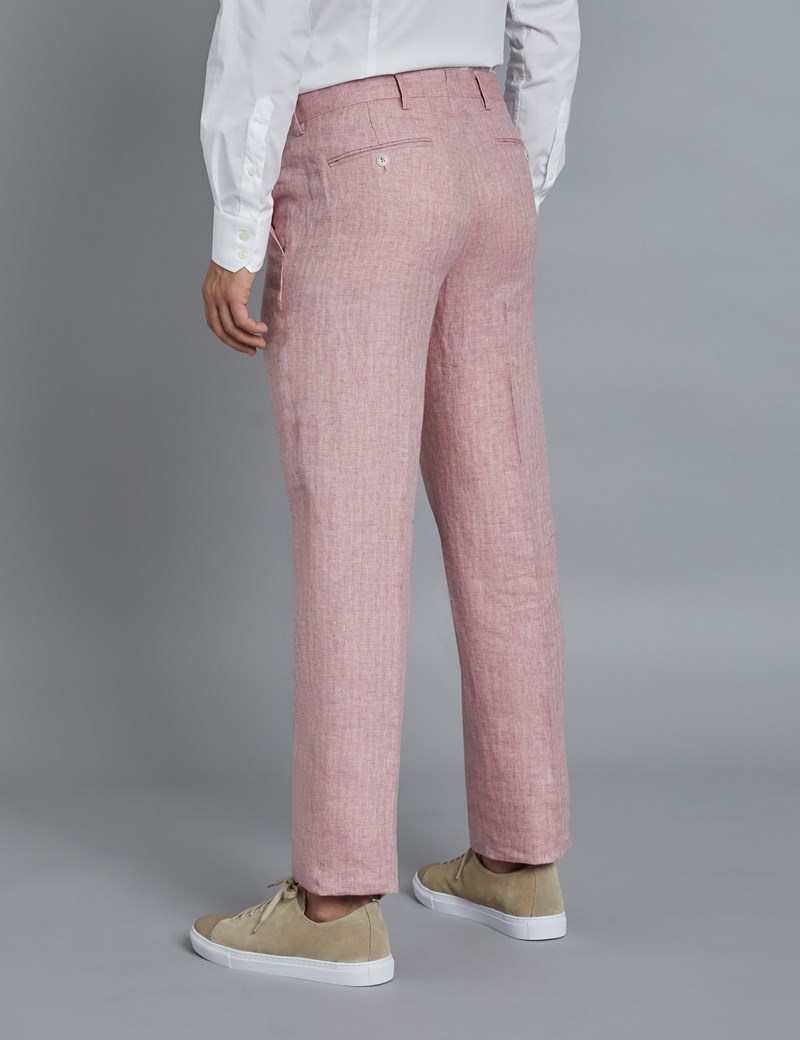 Men's Pink Herringbone Linen Tailored Fit Italian Suit Pants - 1913 Collection | Hawes & Curtis