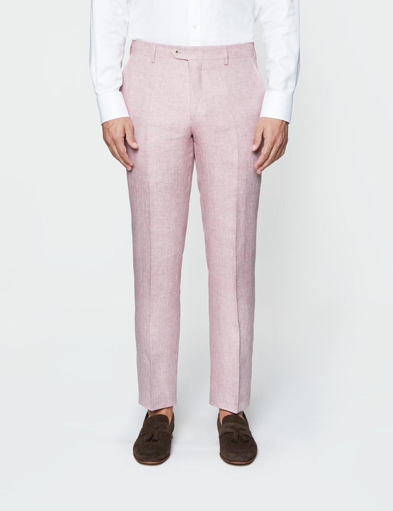 Men's Pink Herringbone Linen Tailored Fit Italian Suit Pants - 1913 ...