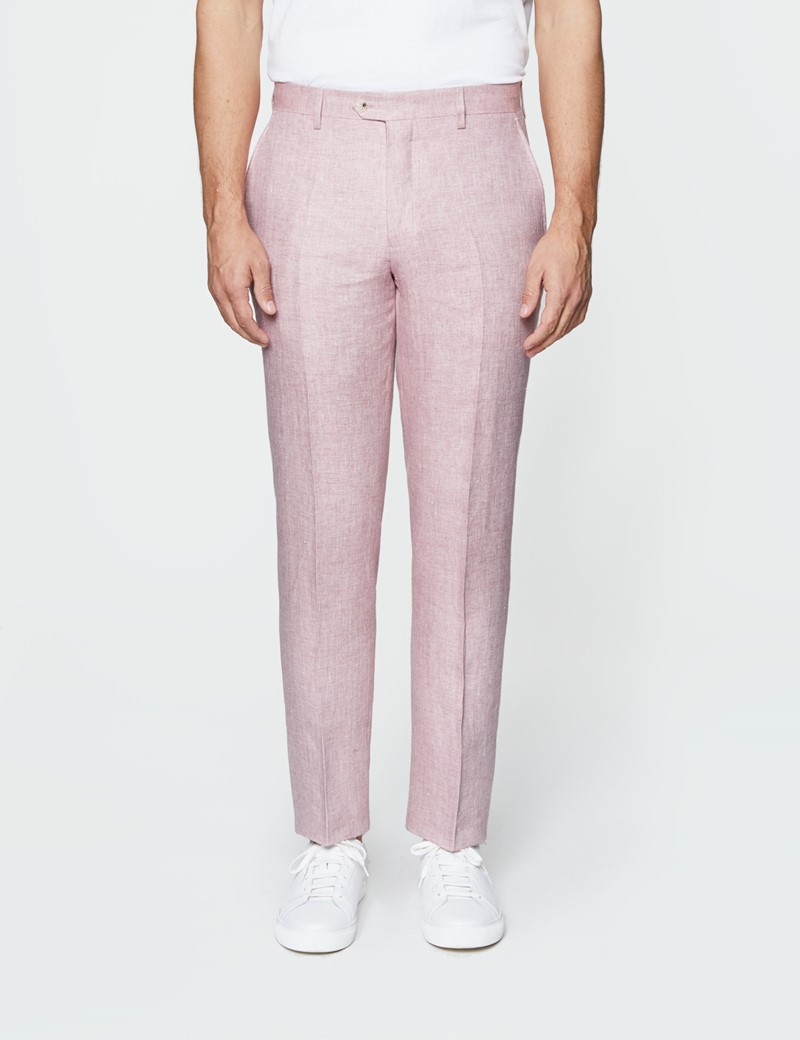 Men's Pink Herringbone Linen Tailored Fit Italian Suit Pants 1913