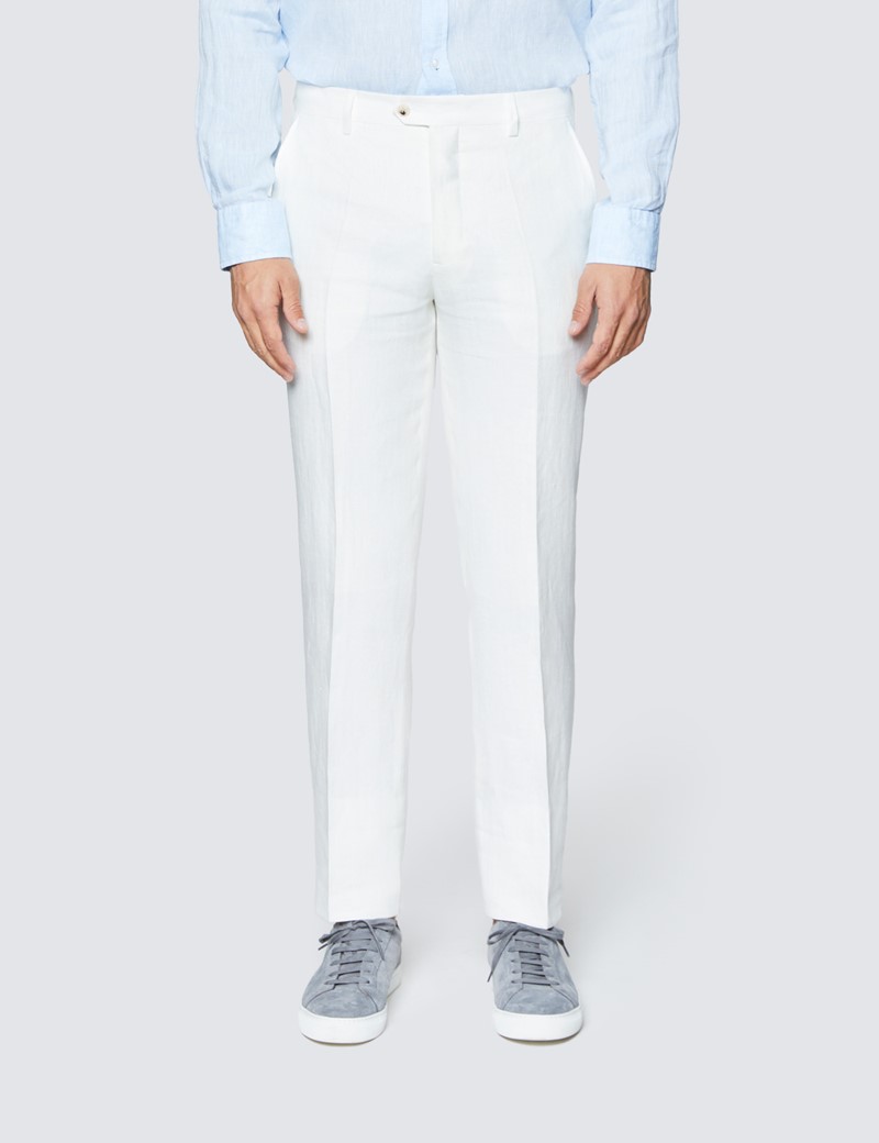 Men's White Herringbone Tailored Fit Linen Trousers – 1913 Collection