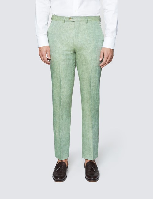 Men's Green Semi Plain Linen Tailored Fit Italian Suit Trousers - 1913 Collection