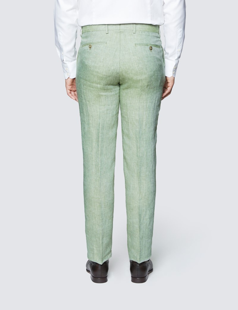Men's Green Semi Plain Linen Tailored Fit Italian Suit Pants - 1913 Collection