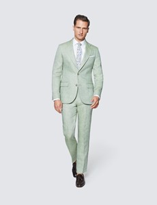 Men's Green Semi Plain Linen Tailored Fit Italian Suit Pants - 1913 Collection