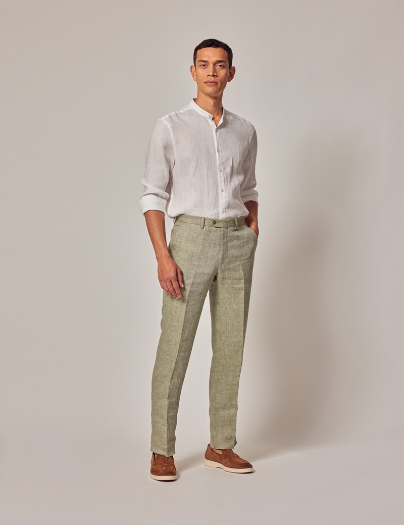 Men's Green Linen Tailored Italian Suit Trousers
