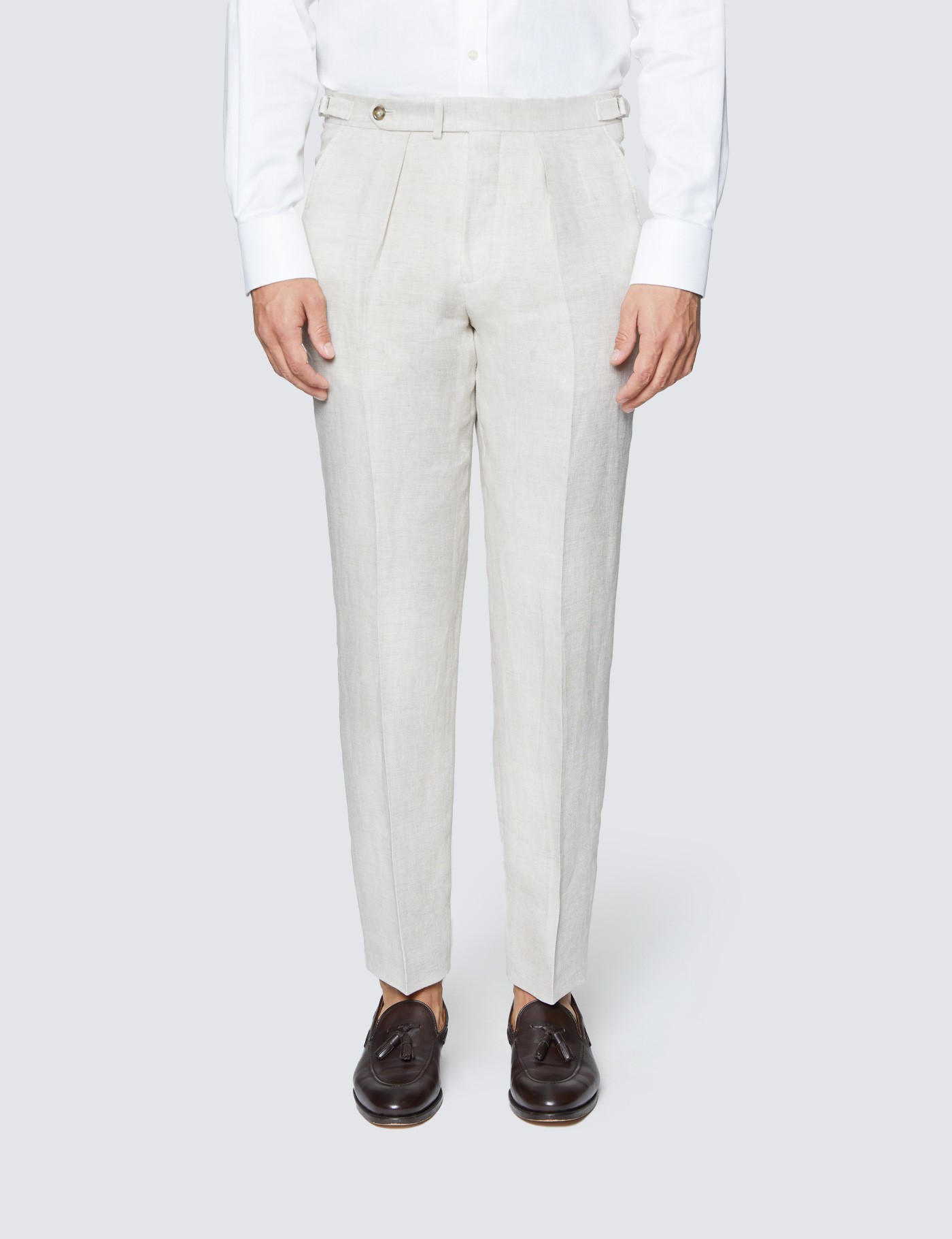 Men's Cream Plain Linen Tailored Fit Suit Trousers | Hawes & Curtis