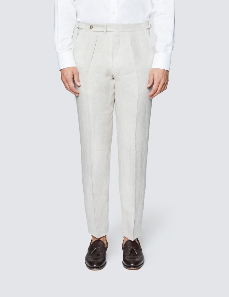 Men's Cream Plain Linen Tailored Fit Suit Trousers